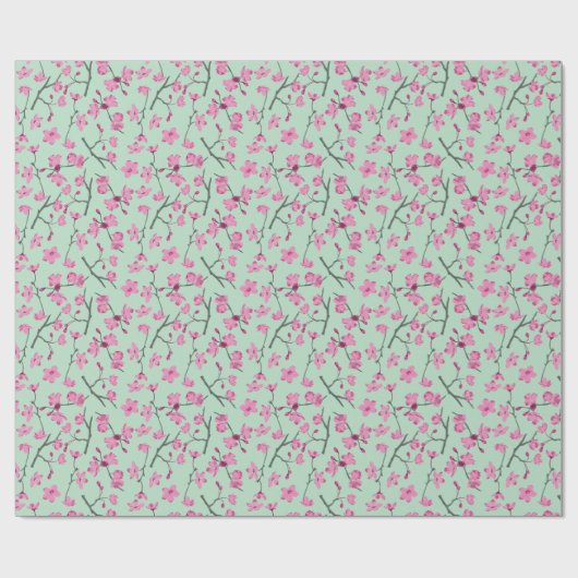 Roze en Mint Groene Kersenbloesem Bloemen Cadeaupapier (Vlak)