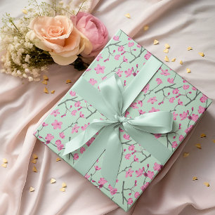 Roze en Mint Groene Kersenbloesem Bloemen Cadeaupapier