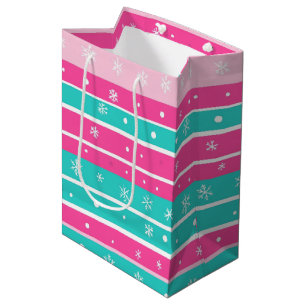 Roze en Mint Horizonaal Gestreepte Sneeuwvlok Medium Cadeauzakje