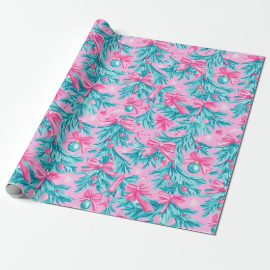 Roze en Mint Kerstaankopen en Ornamenten Cadeaupapier (Uitgerold)
