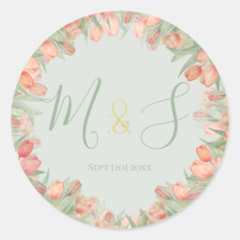 Roze en Mint Lentetulpen Initiaal Ronde Sticker