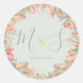 Roze en Mint Lentetulpen Initiaal Ronde Sticker (Voorkant)