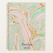 Roze en Mint Marble Gold Glitter Gepersonaliseerd Planner (Voorkant)