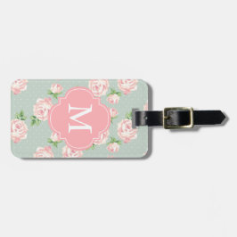 Roze en Mint  Patroon van Rozen Monogrammen Bagagelabel