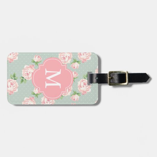 Roze en Mint Patroon van Rozen Monogrammen Bagagelabel (Voorkant horizontaal)