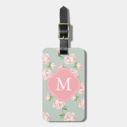 Roze en Mint Patroon van Rozen Monogrammen Bagagelabel (Voorkant verticaal)