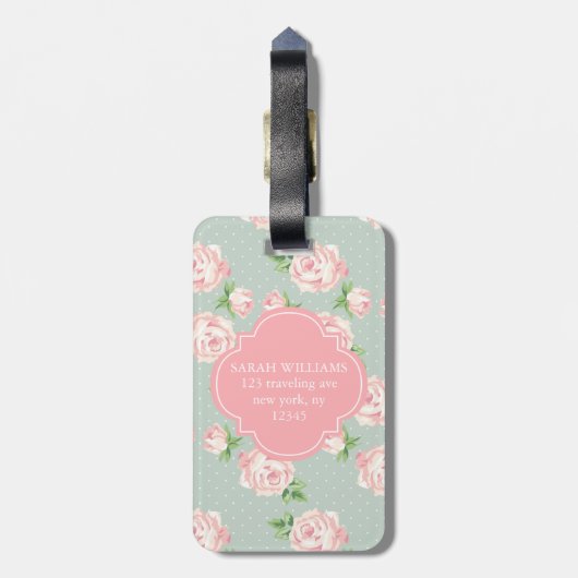 Roze en Mint  Patroon van Rozen Monogrammen Bagagelabel (Achterkant verticaal)