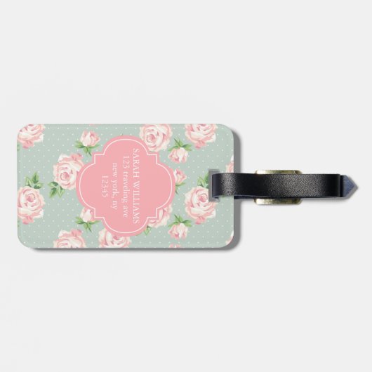 Roze en Mint Patroon van Rozen Monogrammen Bagagelabel (Achterkant horizontaal)