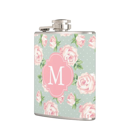 Roze en Mint  Patroon van Rozen Monogrammen Heupfles (Links)