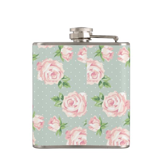 Roze en Mint  Patroon van Rozen Monogrammen Heupfles (Achterkant)