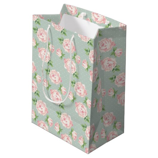 Roze en Mint  Patroon van Rozen Monogrammen Medium Cadeauzakje (Achterkant Gekanteld)