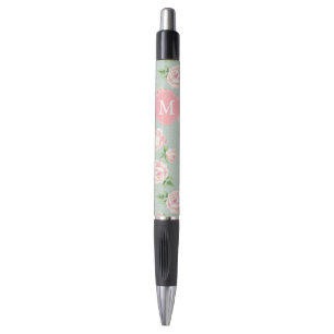 Roze en Mint Patroon van Rozen Monogrammen Pen