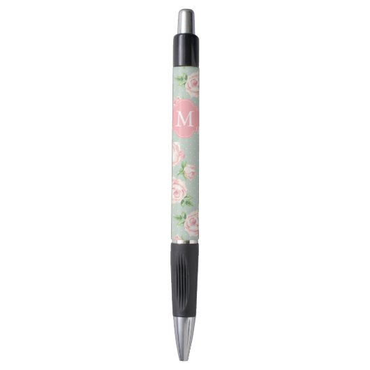 Roze en Mint Patroon van Rozen Monogrammen Pen (Voorkant Verticaal)