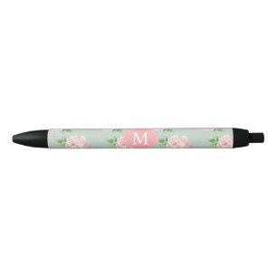 Roze en Mint Patroon van Rozen Monogrammen Zwarte Inkt Pen