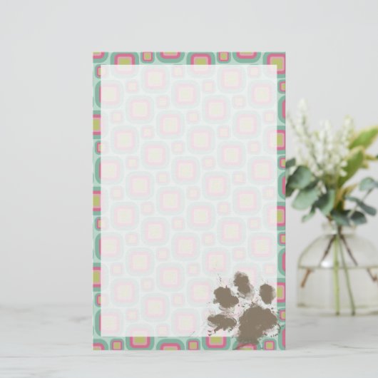 Roze en Mint Retro; Grappige Pawprint Briefpapier (Staand voorkant)