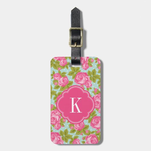 Roze en Mint Rozen Monogram Bagagelabel (Voorkant verticaal)