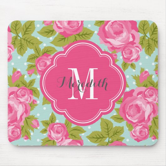 Roze en Mint  Rozen Monogram Muismat (Voorkant)