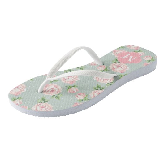Roze en Mint  Rozen Monogrammed Teenslippers (Schuin)