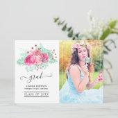 Roze en Mint Tropisch Bloemen Afstuderen Foto Aankondiging (Staand voorkant)