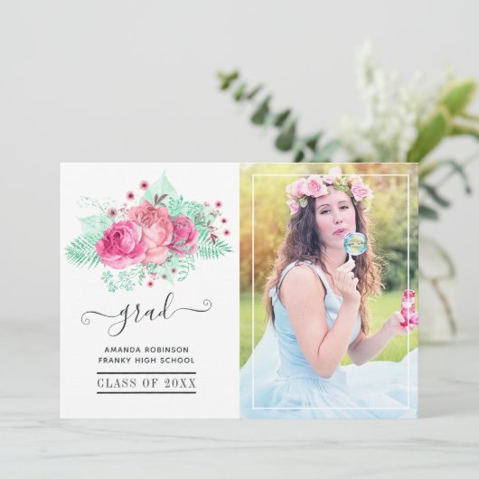 Roze en Mint Tropisch Bloemen Afstuderen Foto Aankondiging (Staand voorkant)