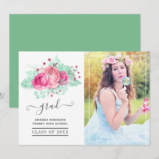 Roze en Mint Tropisch Bloemen Afstuderen Foto Aankondiging (Voorkant / Achterkant)