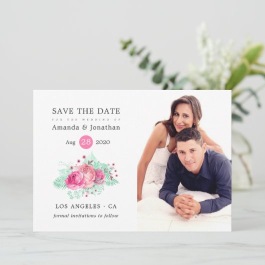 Roze en Mint Tropische Glitter Bloemenbruiloft Save The Date (Staand voorkant)