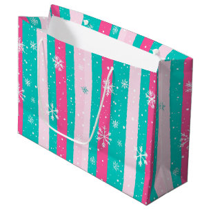 Roze en mint verticaal gestreepte sneeuwvlok groot cadeauzakje