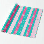 Roze en Mint Verticale Gestreepte Sneeuwvlok Cadeaupapier (Uitgerold)