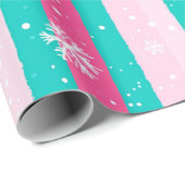 Roze en Mint Verticale Gestreepte Sneeuwvlok Cadeaupapier (Rol Hoek)