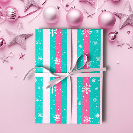 Roze en Mint Verticale Gestreepte Sneeuwvlok Cadeaupapier