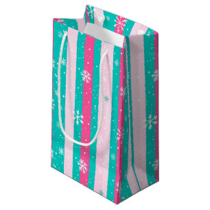 Roze en Mint Verticale Gestreepte Sneeuwvlok Klein Cadeauzakje