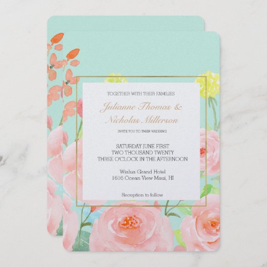 Roze en Mint Waterverf Rozen Bruiloft Kaart (Voorkant / Achterkant)