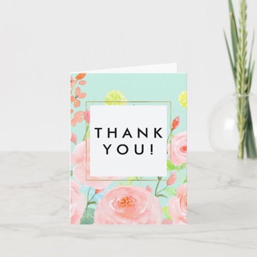 Roze en Mint Waterverf Rozen Dank u Bedankkaart (Voorkant)