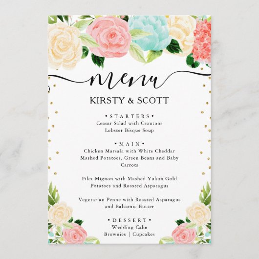 Roze en Mint Zomer Bloemen Bruiloft Menu (Voorkant)