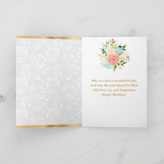 Roze en Mint Zomer Bloemen Gouden Folie Verjaardag Kaart (Binnen)