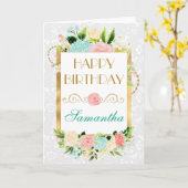 Roze en Mint Zomer Bloemen Gouden Folie Verjaardag Kaart (Gele Bloem)