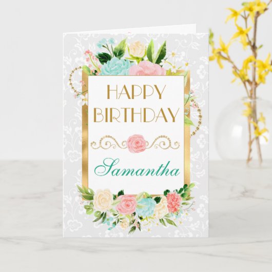 Roze en Mint Zomer Bloemen Gouden Folie Verjaardag Kaart (Gele Bloem)