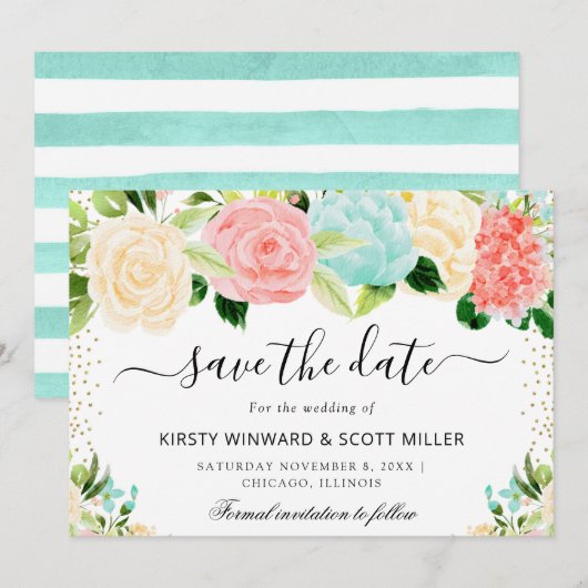 Roze en Mint Zomerbloemen Bruiloft Save The Date (Voorkant / Achterkant)
