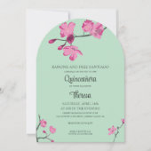 Roze en mintgroene kersenbloesem Quinceanera Kaart (Voorkant)