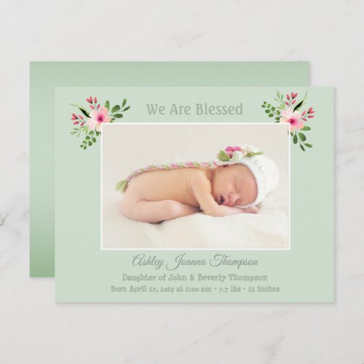 Roze en Mnt Floral Baby Girl Foto geboortedatum Aankondiging (Voorkant / Achterkant)