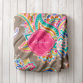 Roze en Mocha Boho Paisley Monogrammed Fleece Deken