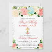Roze en Munt Bloemen Eerste Heilige Communie Kaart (Voorkant)