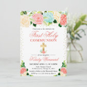 Roze en Munt Bloemen Eerste Heilige Communie Kaart (Staand voorkant)