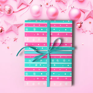 Roze en Munt Horizontale Gestreepte Sneeuwvlok Cadeaupapier
