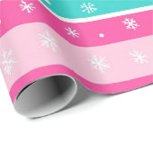 Roze en Munt Horizontale Gestreepte Sneeuwvlok Cadeaupapier (Rol Hoek)