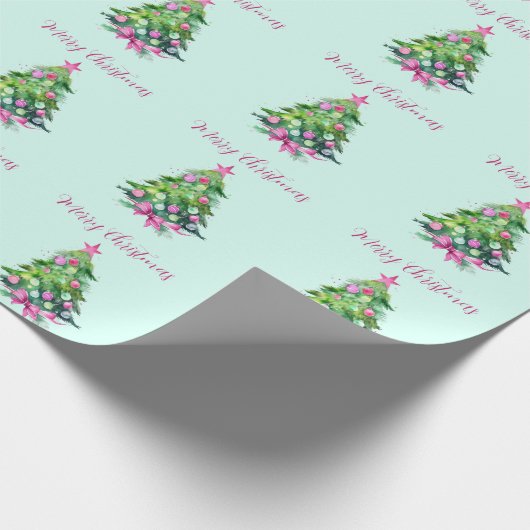 roze en munt kerstboom cadeaupapier (Hoek)
