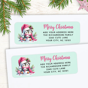 Roze en munt Schattigee pinguïn Custom Merry Chris Etiket