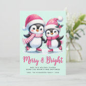 Roze en munt Vrolijk en helder pinguïn Kerstmis Feestdagenkaart (Staand voorkant)