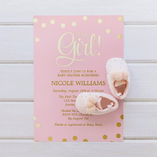 Roze en namaak gouden confetti meisje baby shower folie uitnodiging