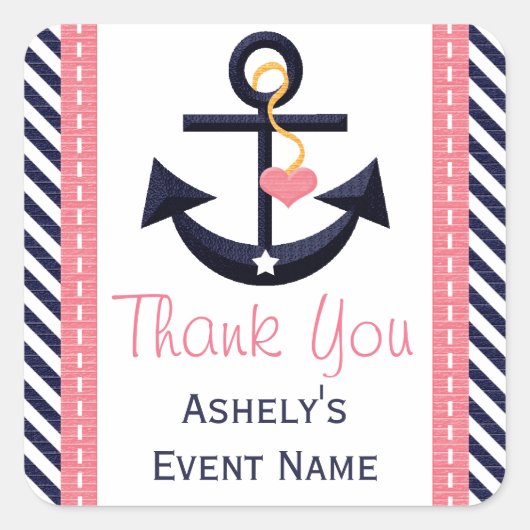Roze en Navy Anker Party Favor Stickers (Voorkant)